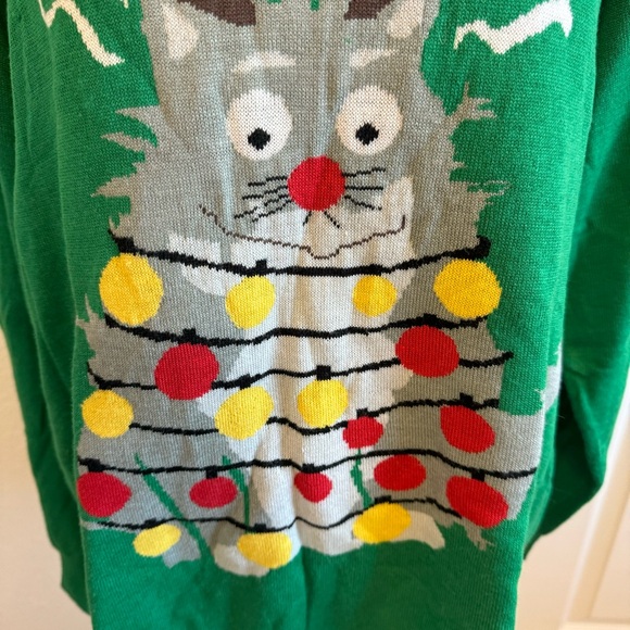 TIPSY ELVES Mens XL Christmas sweater with cat and Christmas lights. Used once. - Picture 3 of 11